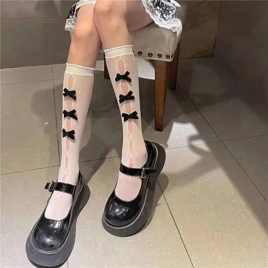 Kawaii Hollow Out Mesh Fishnet Socks | Cute Bow Long Stockings