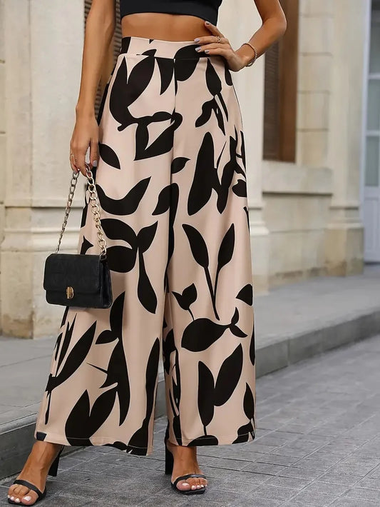 Women's Leaf Print Wide-Legged Casual Pants | Stylish Loose Fit Trousers