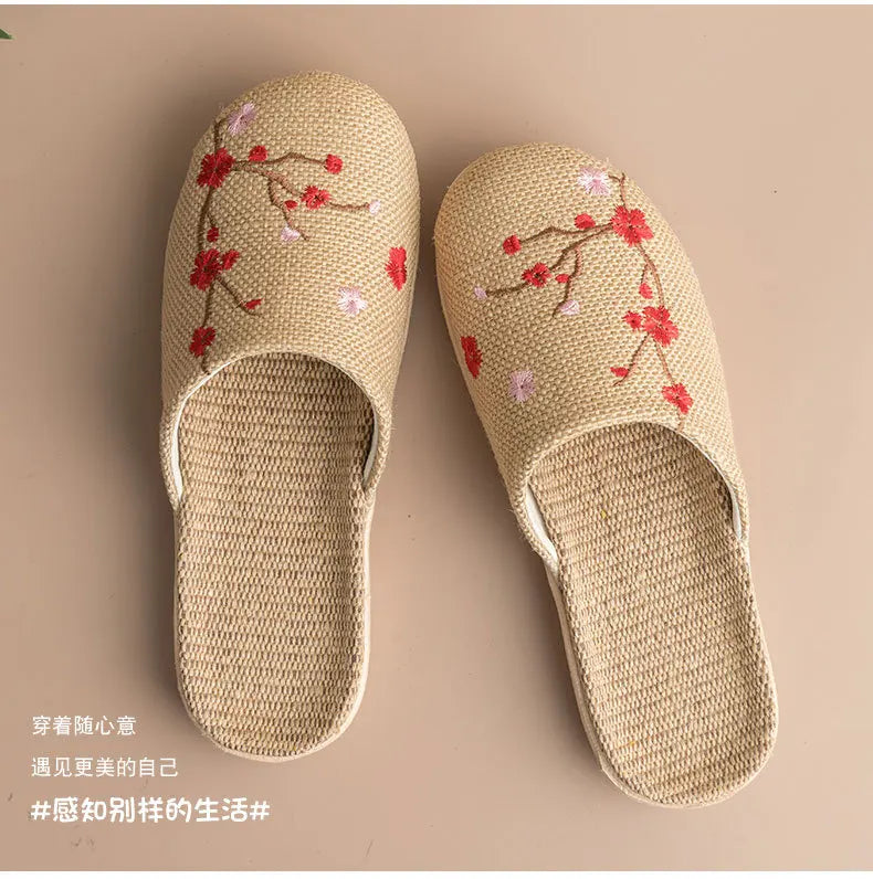Cozy Indoor Embroidered Linen Slippers for Couples