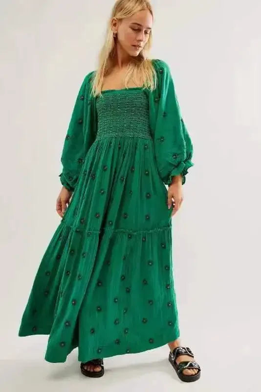 Boho Floral Embroidery Maxi Dress for Women | Casual Fashion