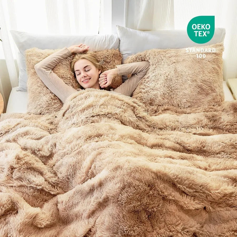 Twin Size Khaki Fuzzy Duvet Cover Set | Cozy Plush Bedding