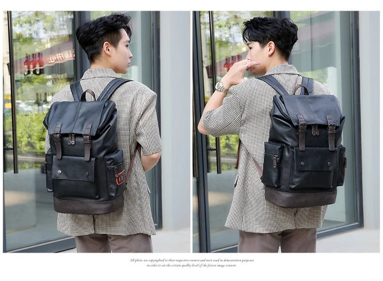 Men's Fashion PU Leather Large Capacity Waterproof Backpack