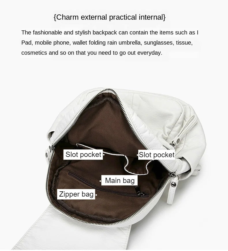 Stylish Women's White Washed Leather Backpack for Casual Travel