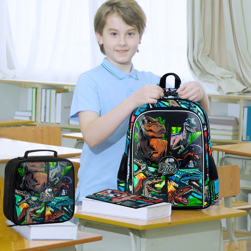Kids Dinosaur Backpack Set | 3-Piece School Bag with Lunch Box