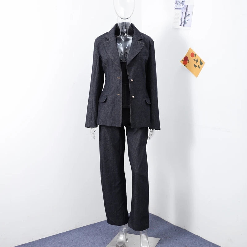 Women’s Retro Denim Vest Suit Jacket & High Waist Pants Set