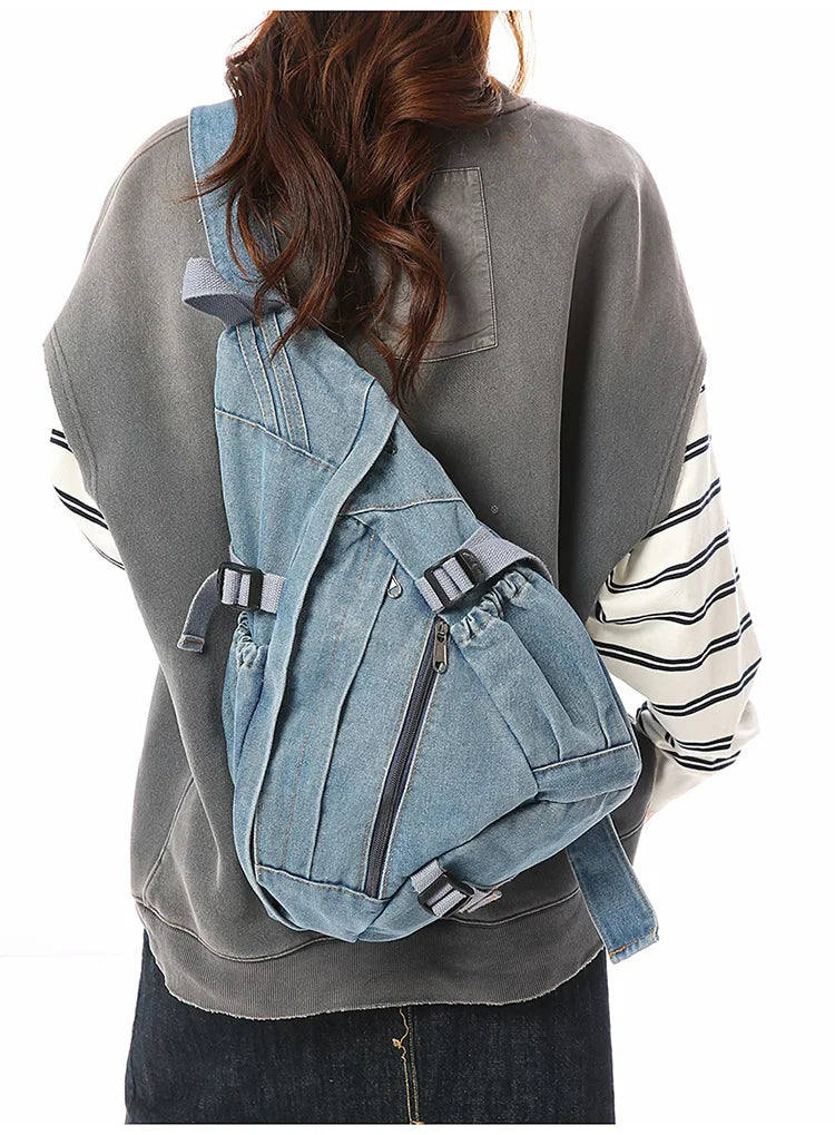 Vintage Washed Denim Sling Bag Man Woman Multifunction Retro Large Capacity Portable Motorcycle Chest Bag