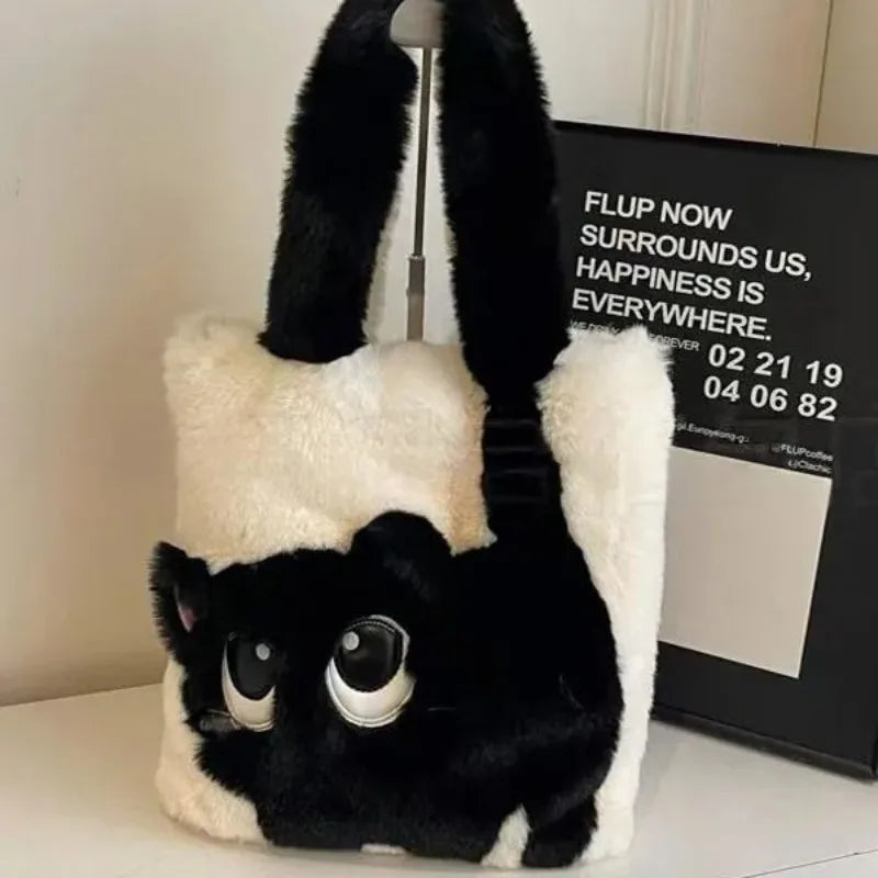 Cute Cartoon Women's Cat Pattern Tote Bag | Plush Shoulder Handbag