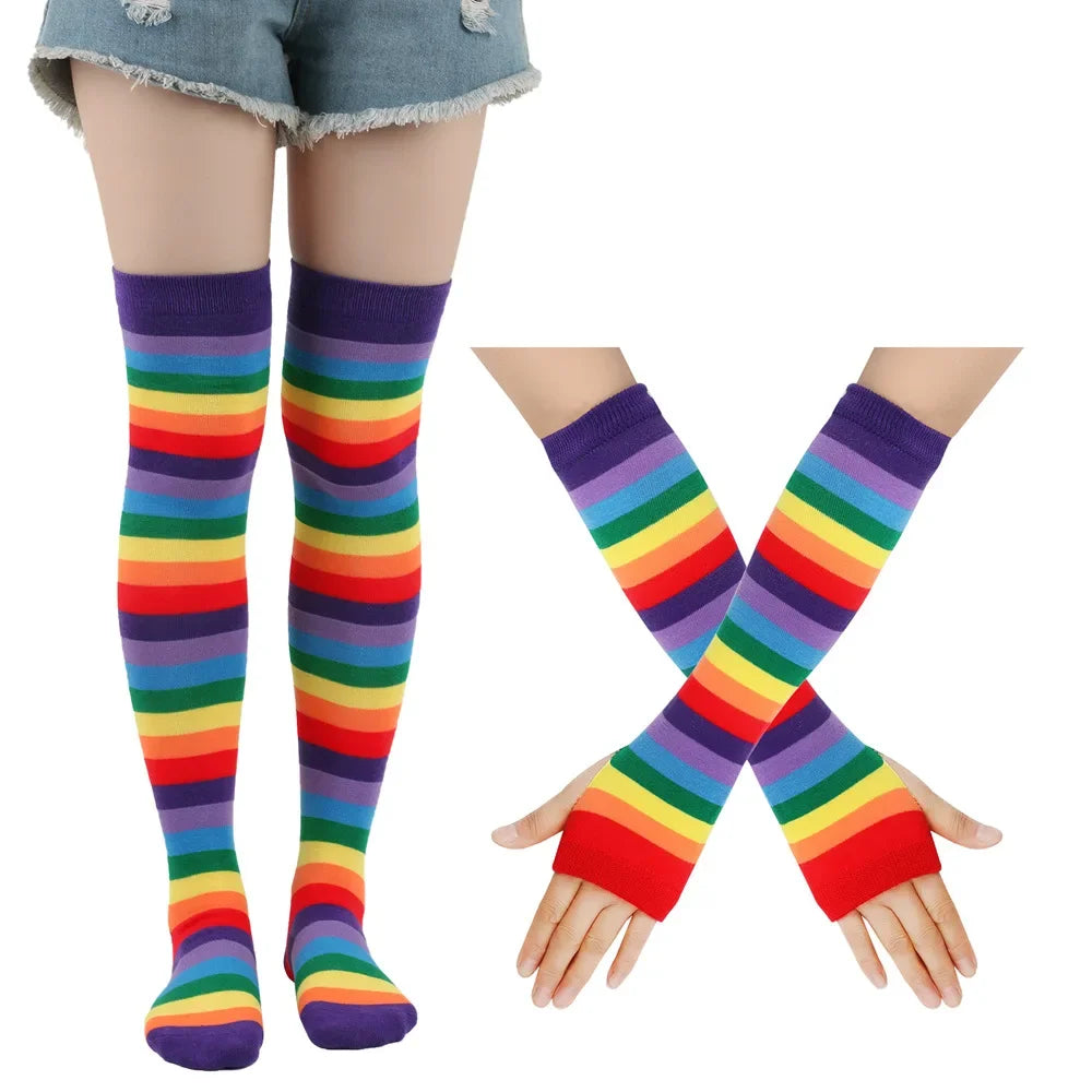 Women’s Rainbow Stripes Over Knee Socks & Elbow Gloves Set