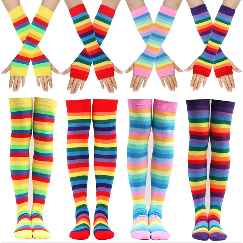 Women’s Rainbow Stripes Over Knee Socks & Elbow Gloves Set