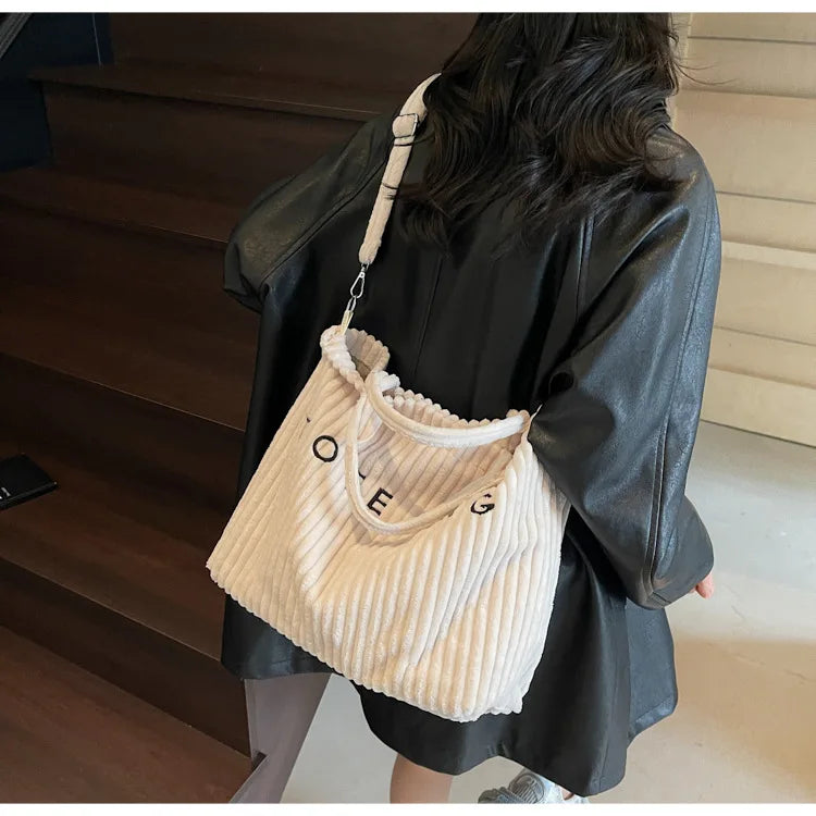 Bolso de mano de terciopelo a rayas de gran capacidad | Bolso tote elegante y versátil