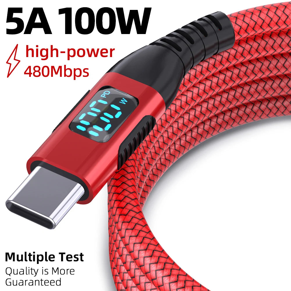 5A 100W USB C to Type C Fast Charging Cable with LED Display