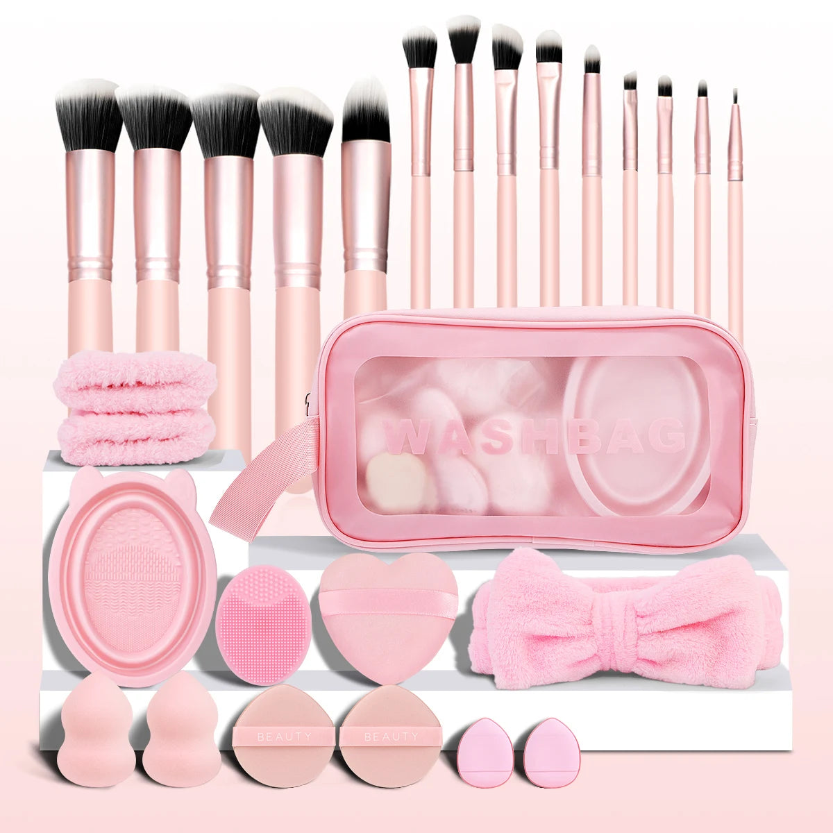 27 Piece Makeup Tool Kit – Makeup Brushes, Hairband, Wristband, Sponge Ball, Powder Puff, Silicone Cleaning Brush & Accessories – Complete Beauty Set