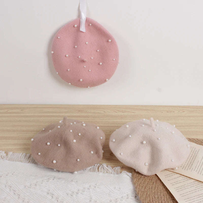 Wool Kids Winter Hat | Stylish Baby Beret with Pearl Detailing