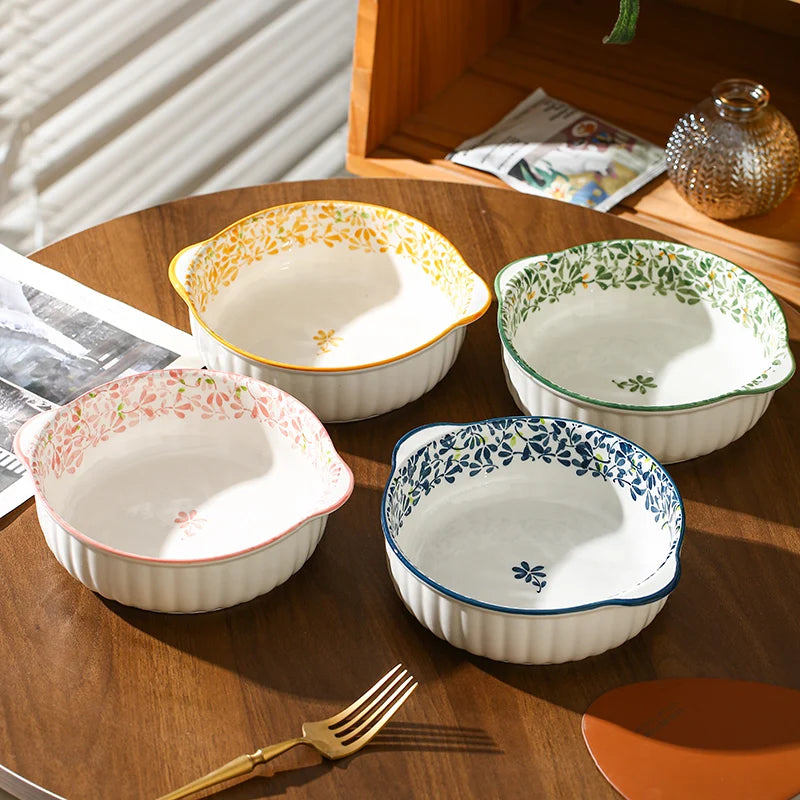 Ceramic Bowl Plate Set | Double Ear Floral Dinnerware