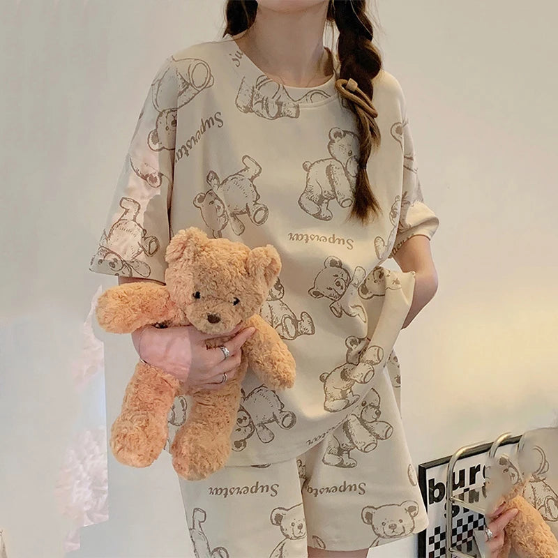 Plus Size Short Sleeve Pajamas for Women | Cute Cartoon Bear Design