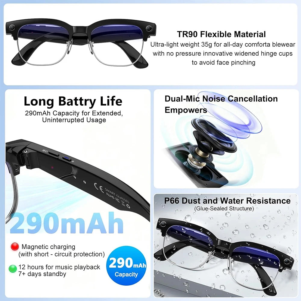 2026 Smart Glasses with 800W Ultra-Wide HD 4K Camera — Dual Lens Video Recording, 4GB AI Photo Recognition, Bluetooth Calls, Voice Translation, Anti-Blue Light UV Sunglasses