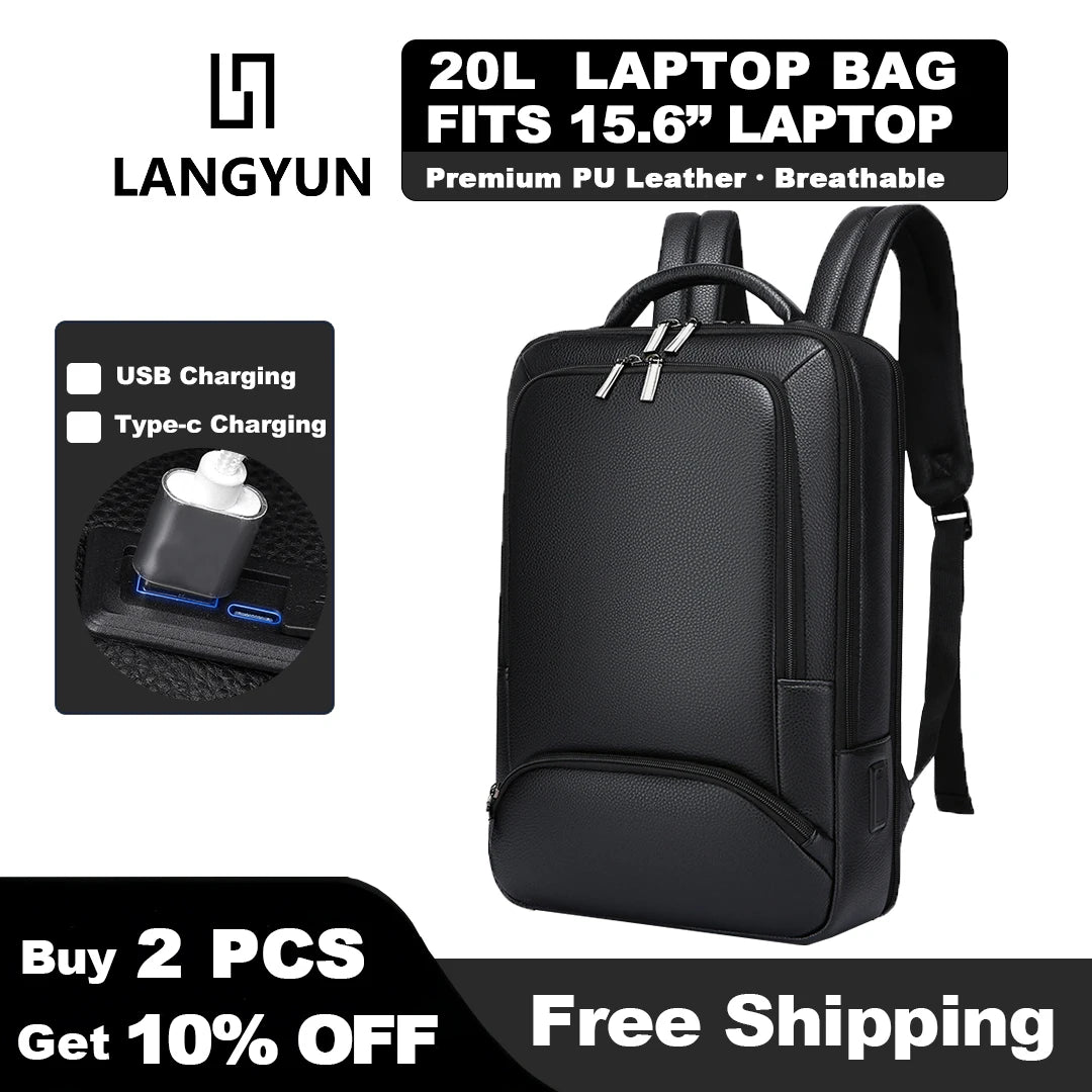 Mochila de piel sintética para hombre | Elegante bolsa para portátil de 15,6 pulgadas