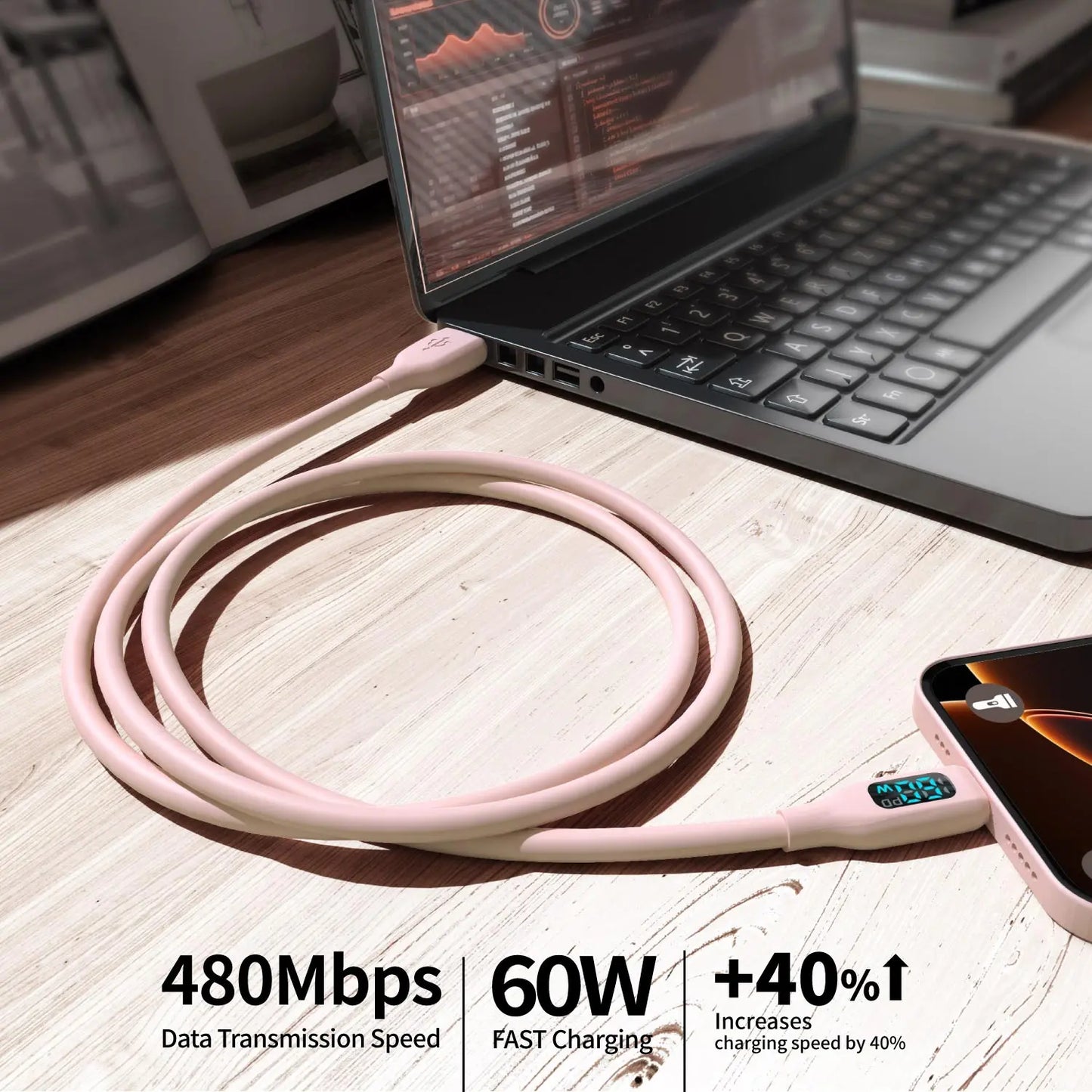 60W USB-A to USB-C Fast Charging Cable | Flexible Silicone Charger