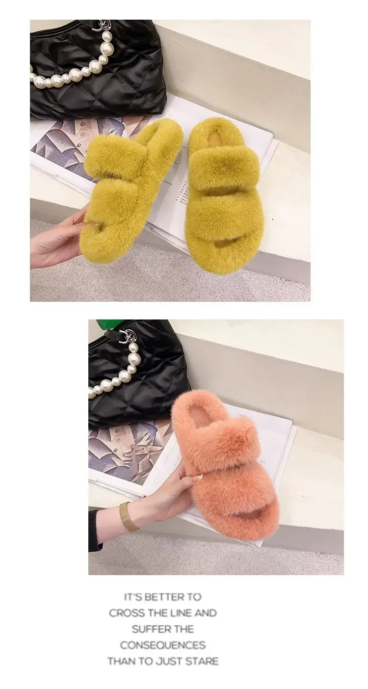 Cozy Double Fur Cross-Strap Plush Slippers | Warm Indoor Footwear
