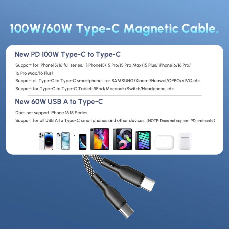 Magnetic Braided USB Type-C Car Charging Cable - 6A Data Transfer