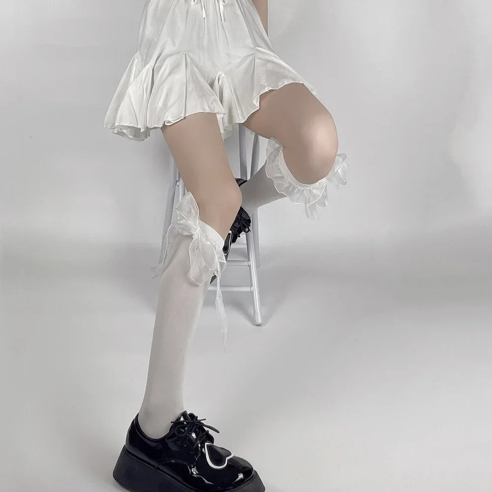 Kawaii Cute Black Stockings with Bowknot & Ruffles for Women