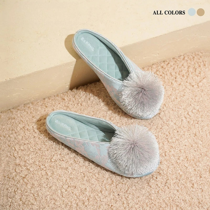 Ladies Indoor Cotton Slippers with Pom Poms | Stylish Comfort