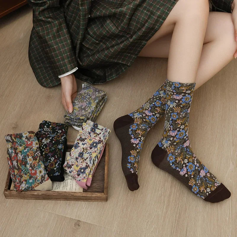 Women’s Vintage 3D Flower Embroidery Socks | Retro Chic Comfort