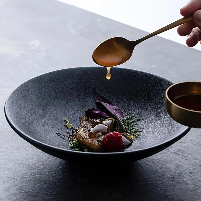 Elegant Black Ceramic Salad and Noodle Bowls | Eco-Friendly Tableware