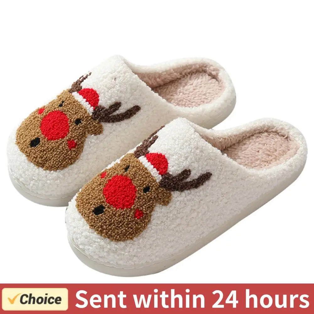 Unisex Christmas Deer Plush Slippers | Cozy Fluffy House Shoes
