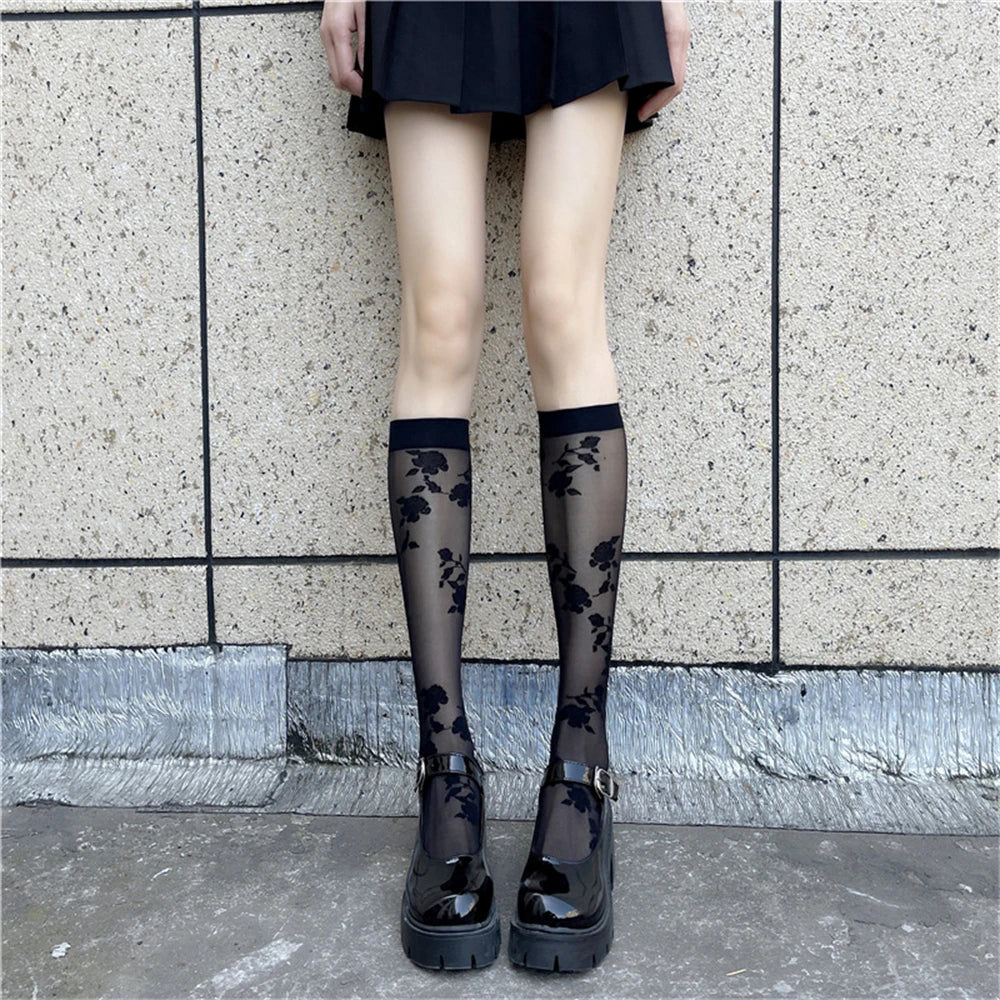 Elegant Black Rose Embroidery Long Socks | Women's Knee Highs