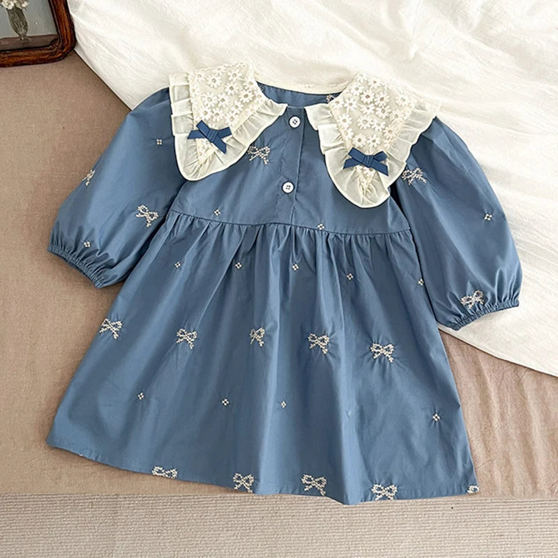 Cute Baby Girls Bow Lace Embroidery Bodysuit & Dress Set
