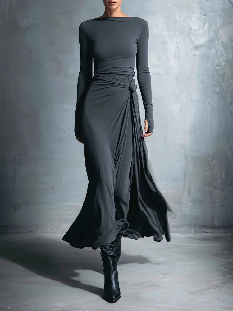 Elegant Long Sleeve Ruched Maxi Dress for Women | Autumn Fashion