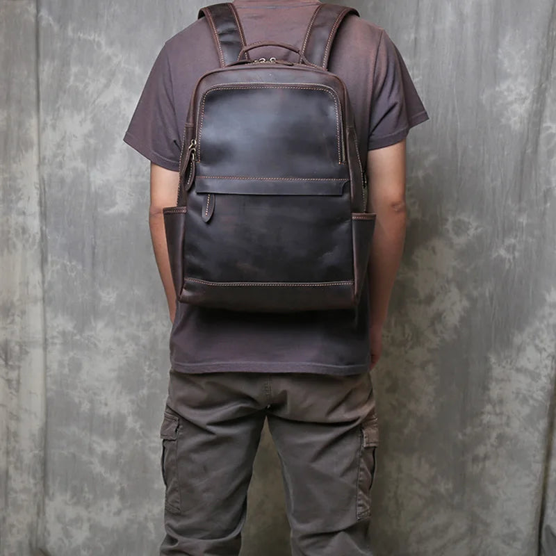Men's Vertical Genuine Leather Backpack | Classic Retro Style