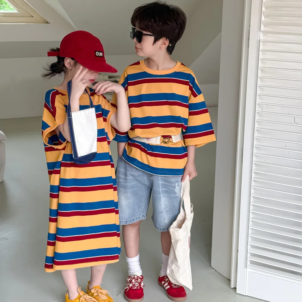 Children's Wide Striped Short-Sleeve T-Shirt for Summer Fun
