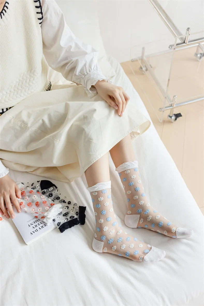 Floral Print Women's Socks | Thin Transparent Summer Socks
