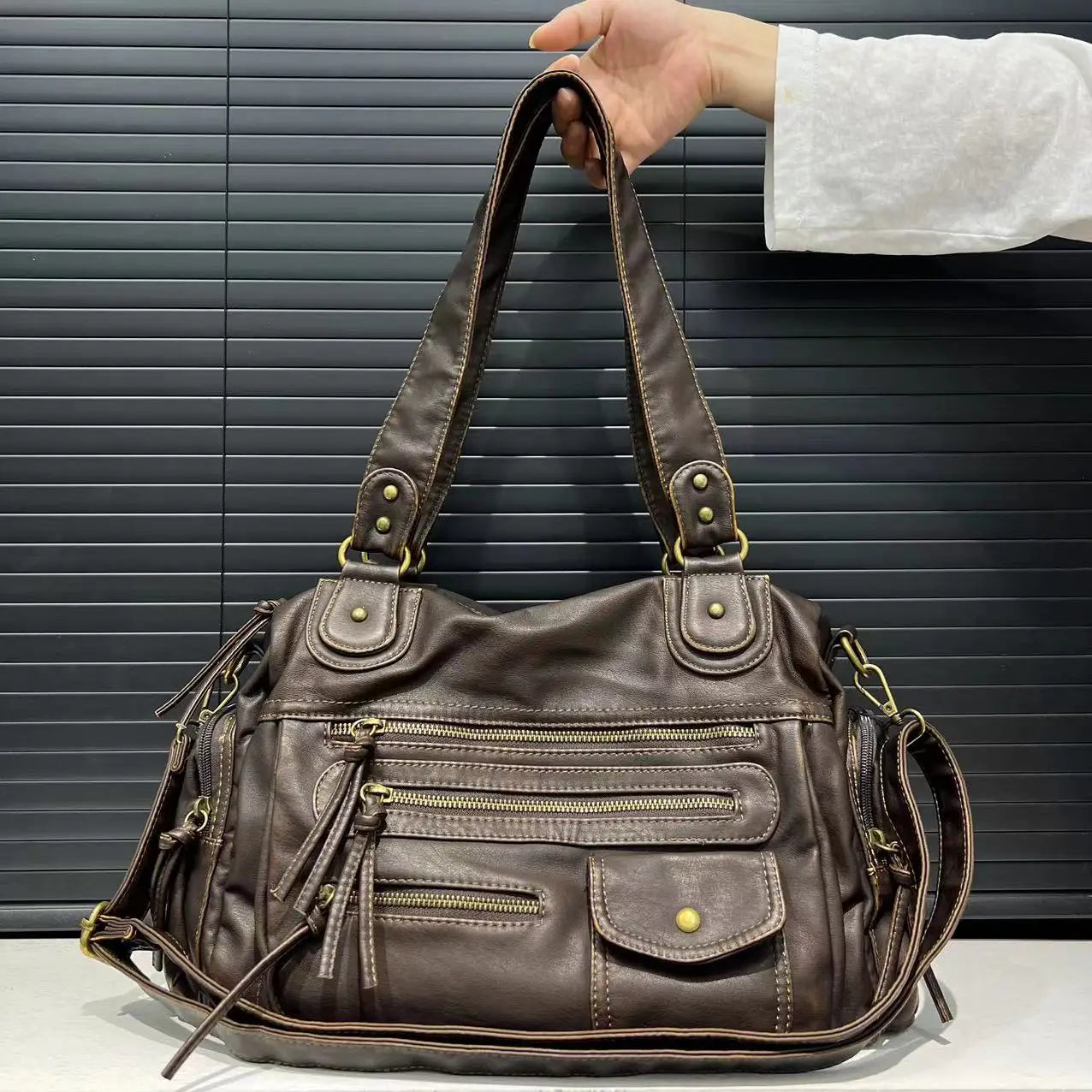 Vintage Washed Leather Crossbody Bag | Large Capacity Multi Pocket