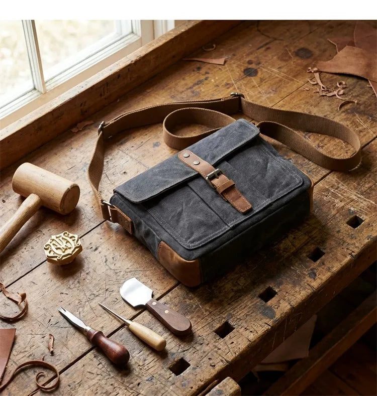 Vintage Waxed Canvas Crossbody Bag | Water-Resistant Casual Satchel