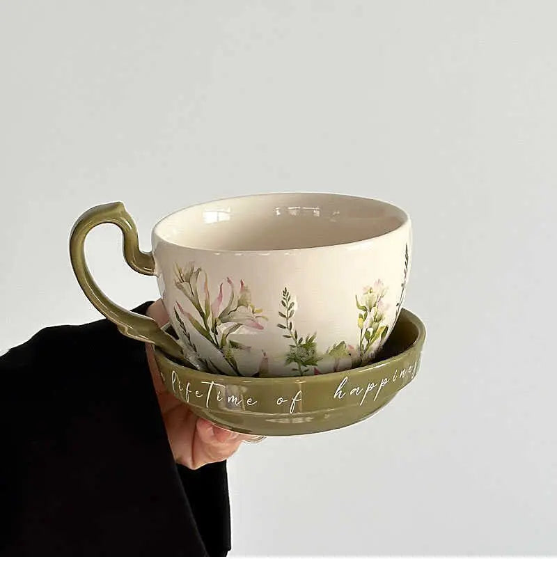 Large Capacity Ceramic Breakfast Cup with Lid | Rustic Coffee Mug Set