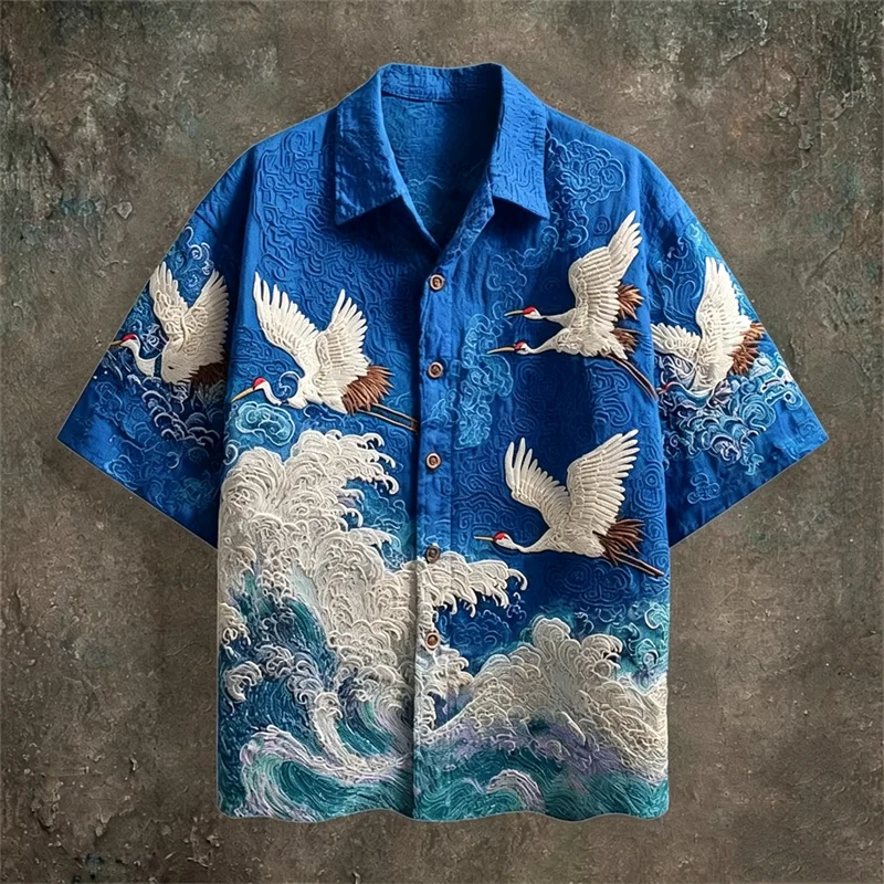 Men's Casual Short Sleeve Shirt | Dark Green Crane Pattern Fabric