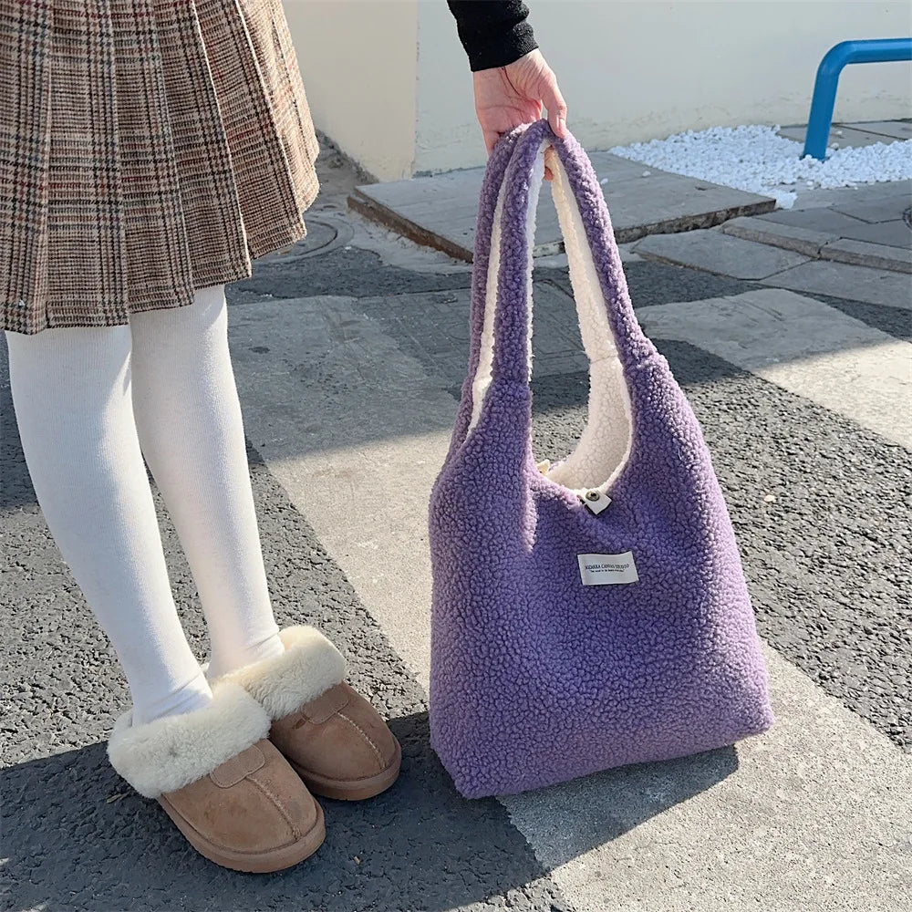 Reversible Plush Shoulder Bag for Women | Warm Fabric Tote