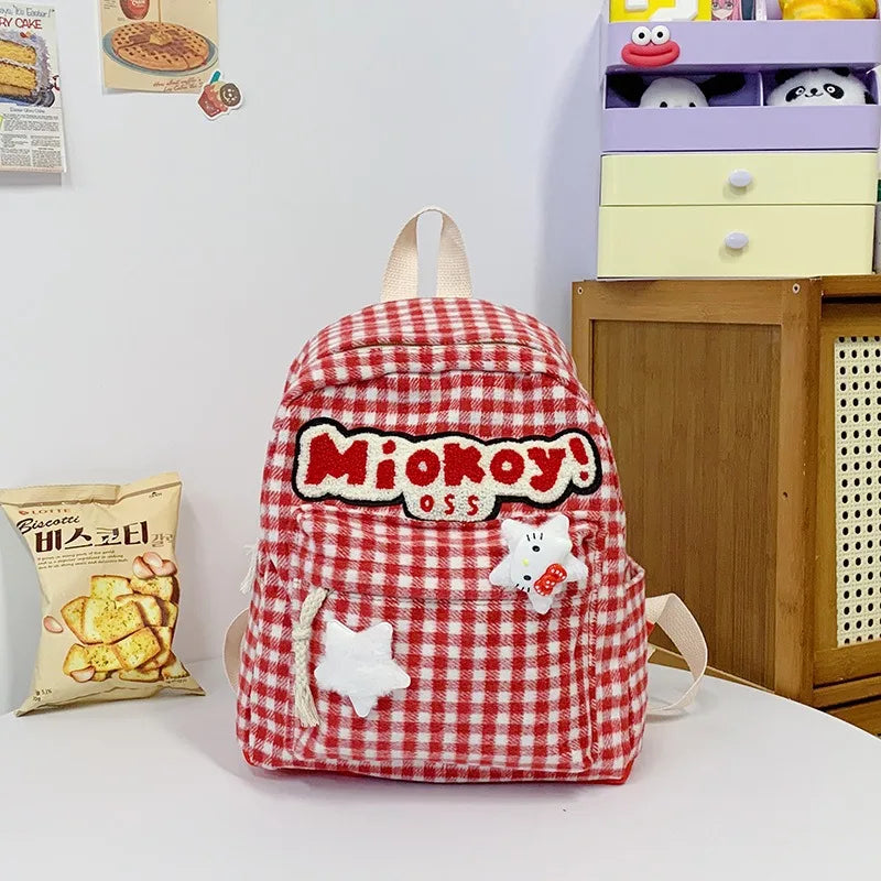 Stylish Girls Red Plaid Backpack | Large Capacity School Bag