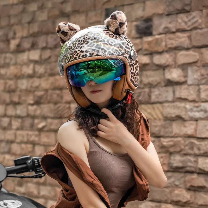 Stylish Yellow Leopard Print Open Face Motorcycle Helmet