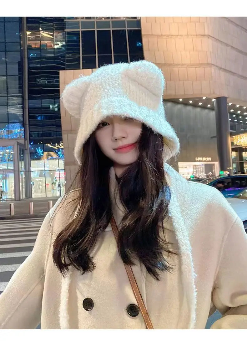 Women's Cute Bear Ear Plush Beanie | Cozy Winter Bomber Hat
