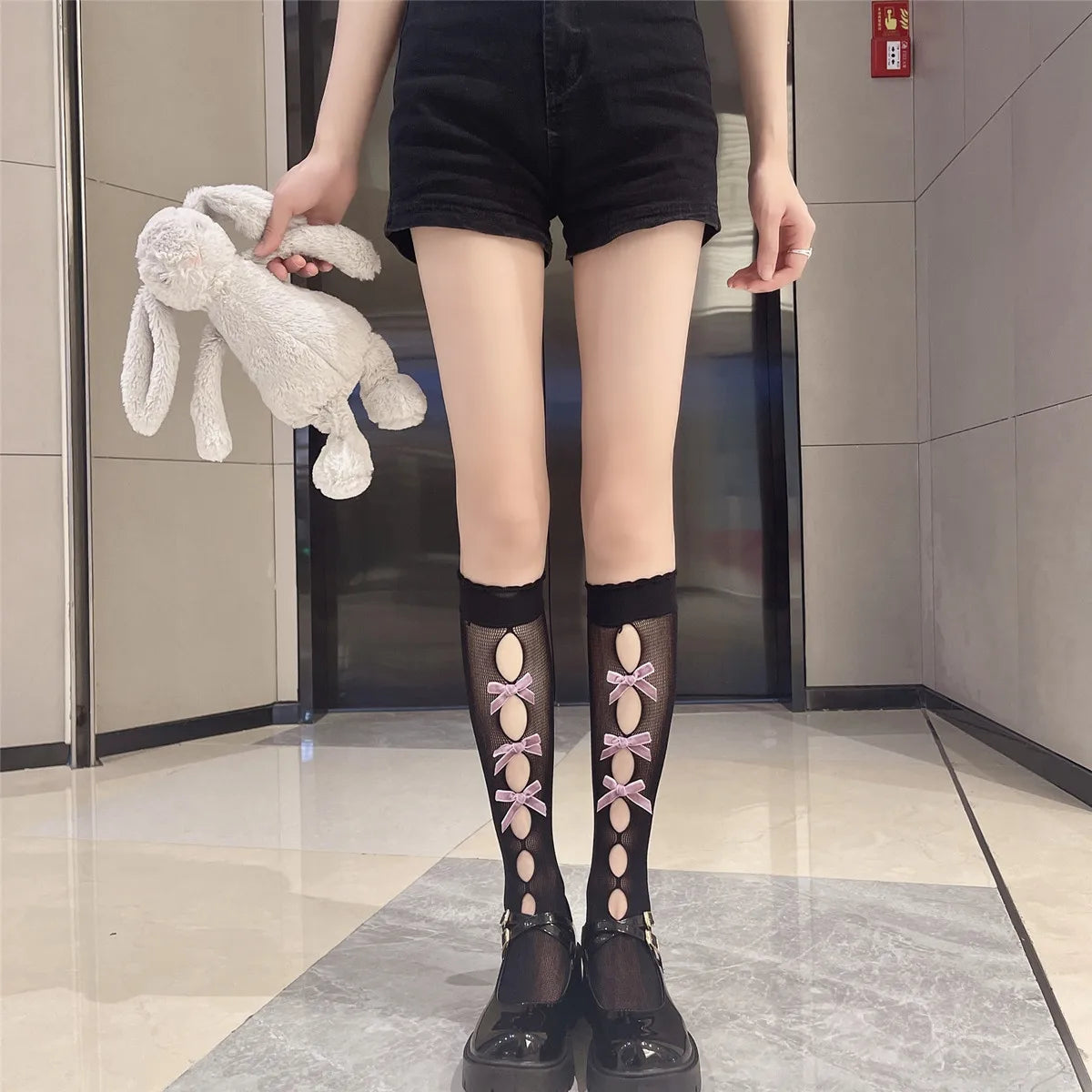 Kawaii Hollow Out Mesh Fishnet Socks | Cute Bow Long Stockings