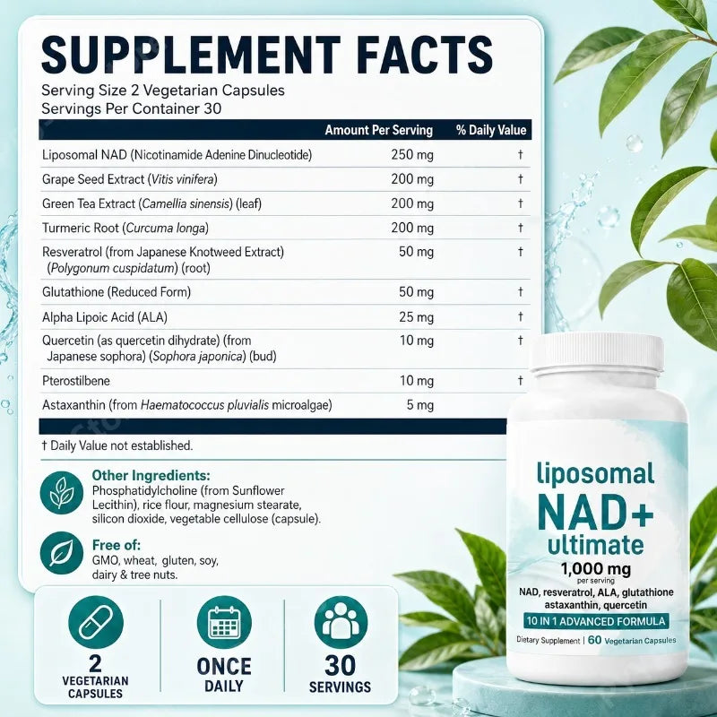 Liposomal NAD+ 1000mg 10 in 1 Formula | Daily Vitality Capsules