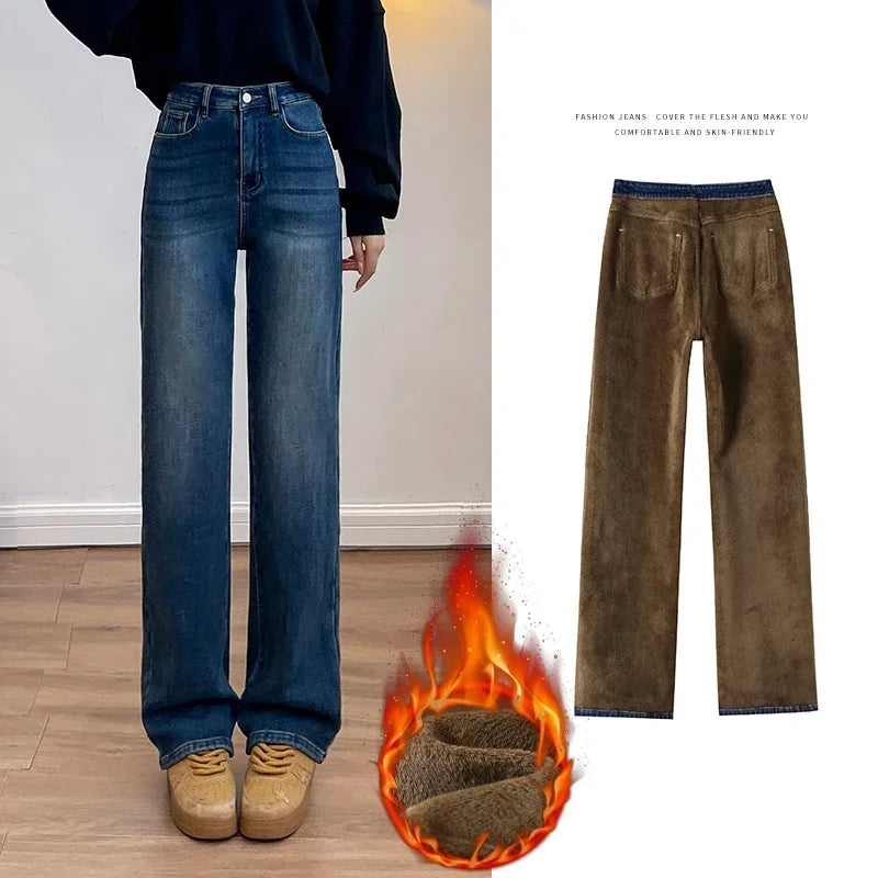 Women's Thickened Velvet Straight Jeans | Warm Fleece Pants