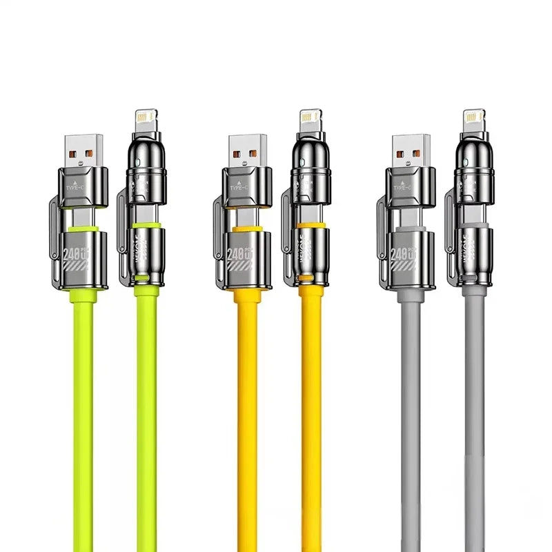 240W Super Fast Charging 4 In 1 Data Cable Dual Type-C+Lightning+USB Ports Phone Charging Cable For iPhone Samsung Huawei Xiaomi