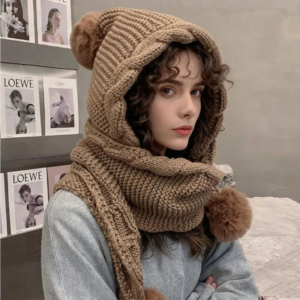 Conjunto de gorro y bufanda de invierno para mujer | Gorro de lana térmico con pompón y pasamontañas