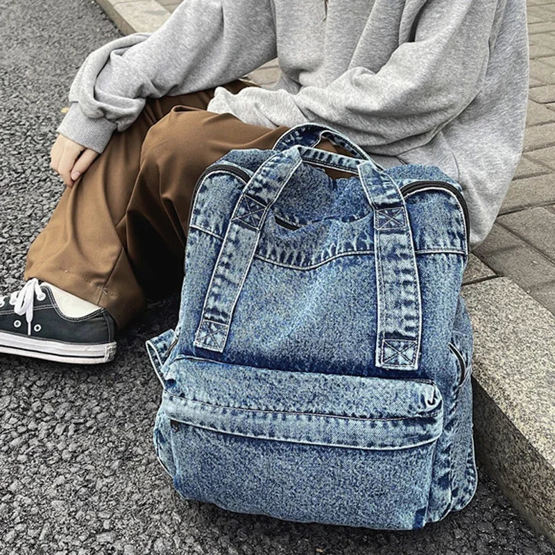 Casual Denim Backpack | Large Capacity Laptop Bag for School & Travel