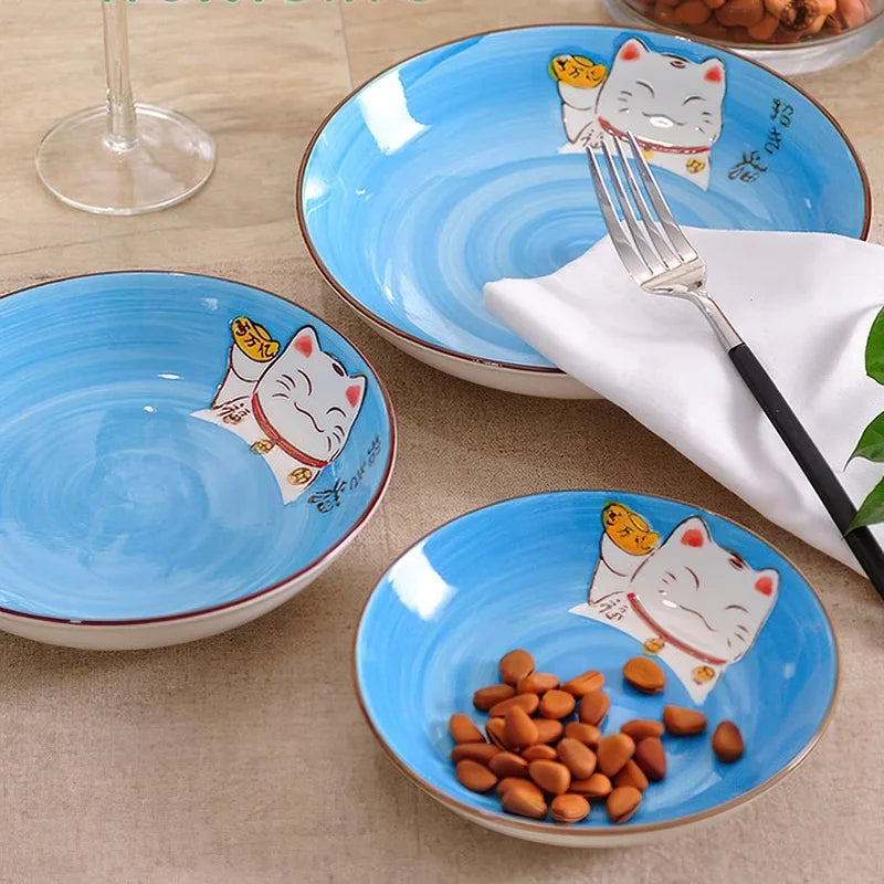 Multi-Color Cartoon Lucky Cat Round Ceramic Plate | Joyful Dining